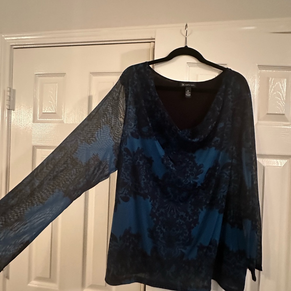INC sheer sleeves, cowl neck teal and black